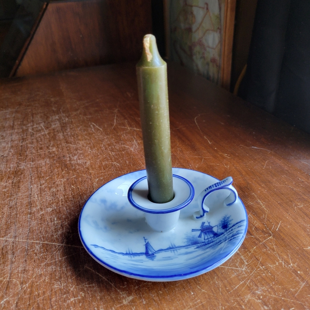 vintage Delft blue and white ceramic chamberstick candle holder